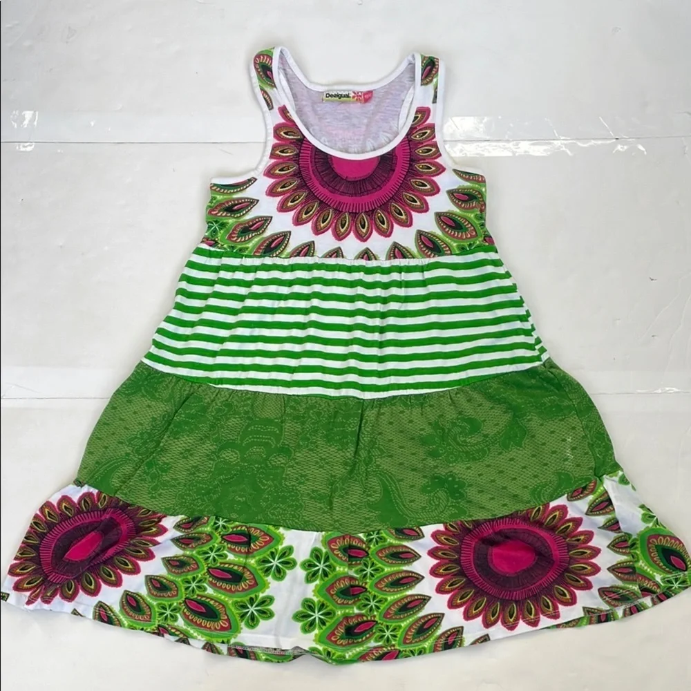 Desigual Girls Cotton Dress with Green and Pink Patterns 11/12